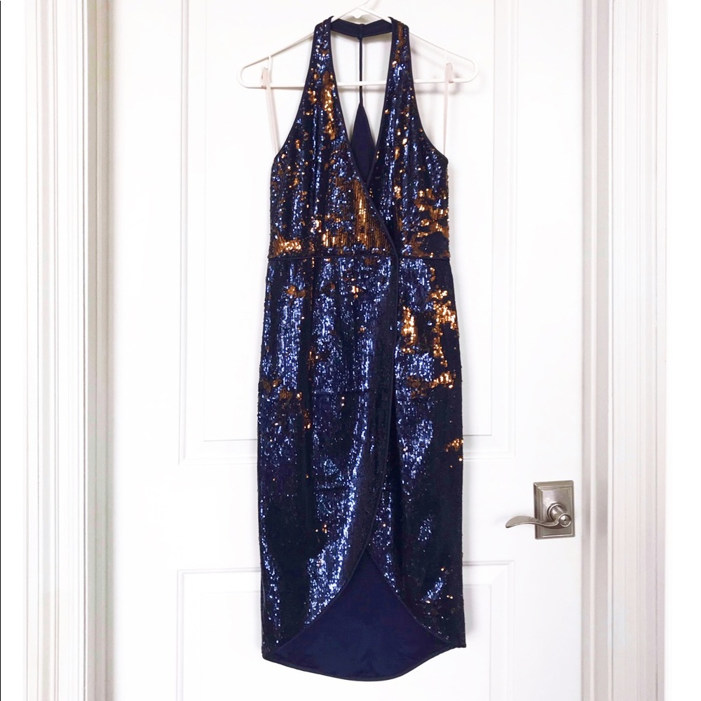 Halston navy/copper flip sequin formal dress
